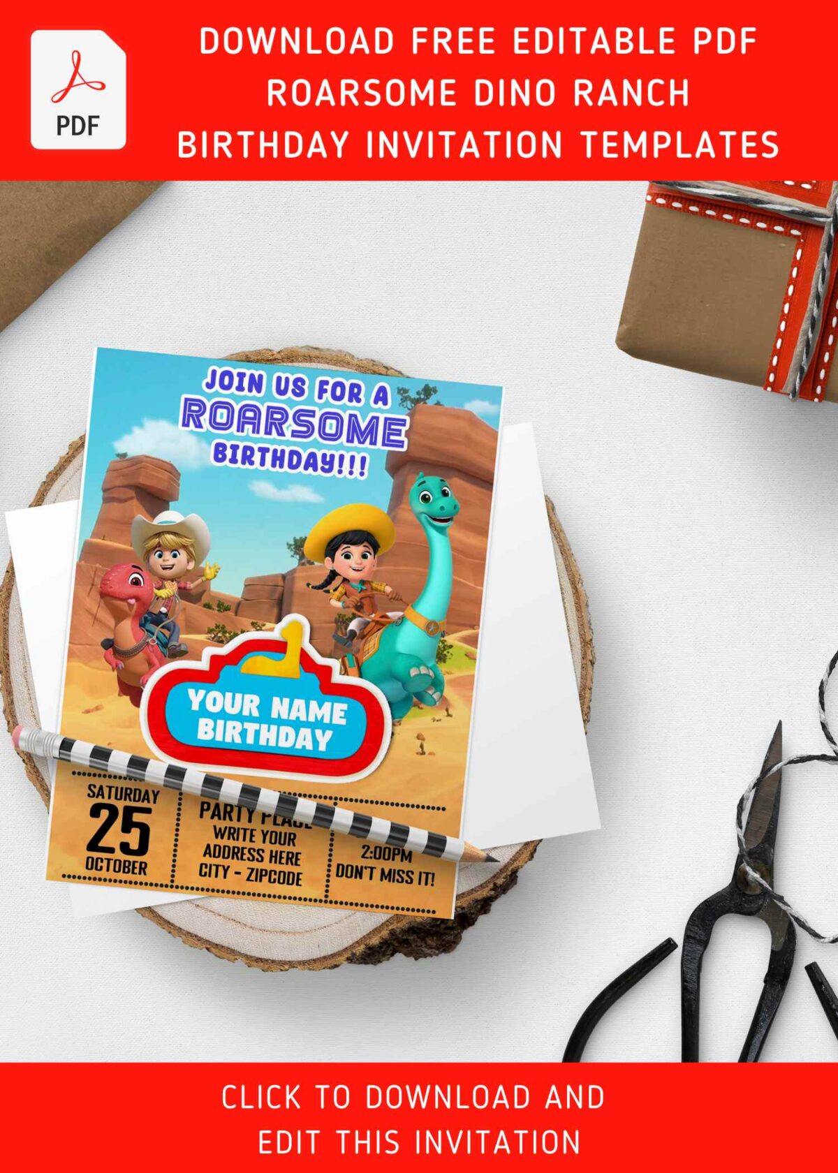 (Free Editable PDF) Meet The Rancher Dino Ranch Themed Birthday Invitation Templates with cute 