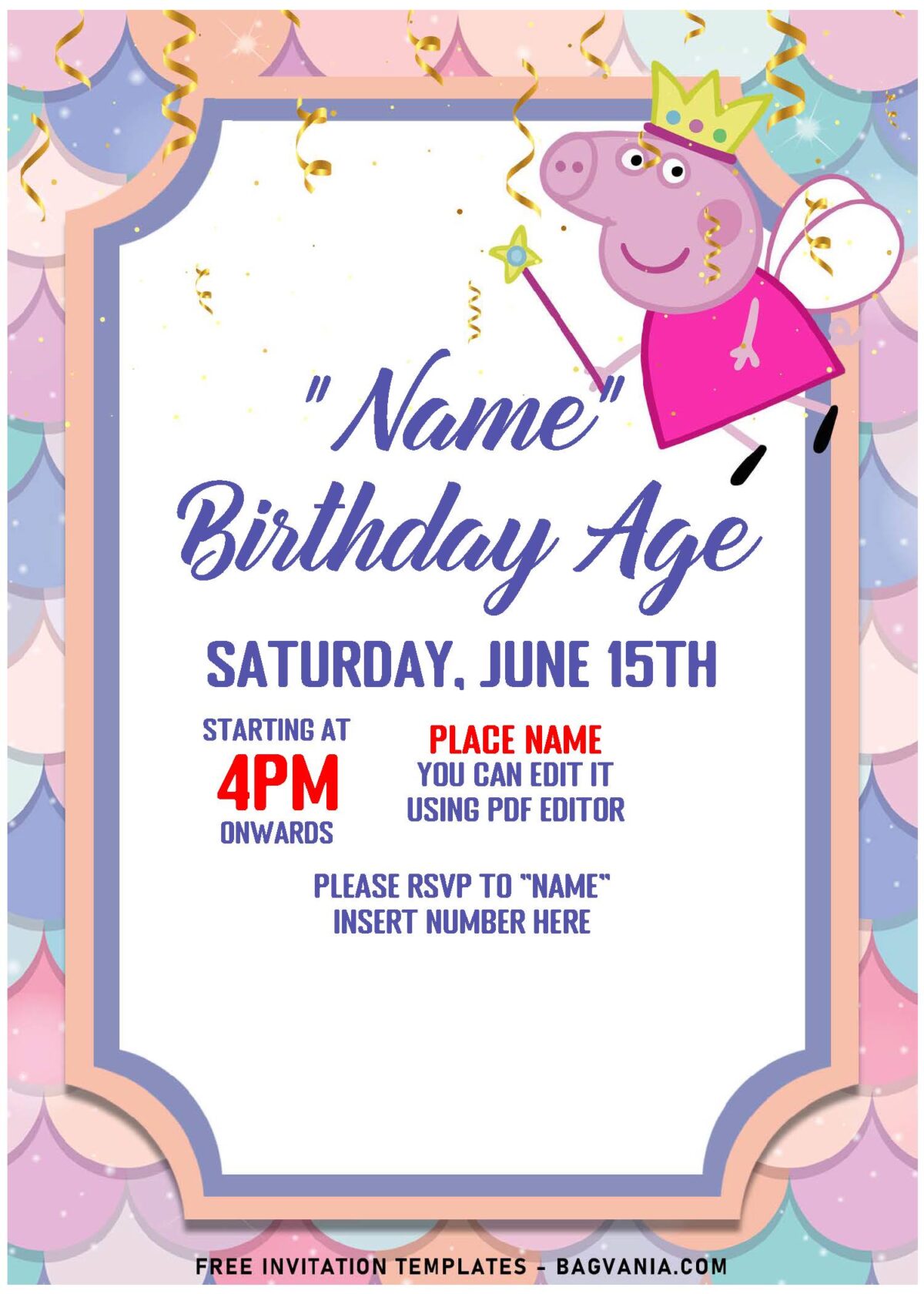 (Free Editable PDF) Peppa Pig Party Time Birthday Invitation Templates with Peppa fairy