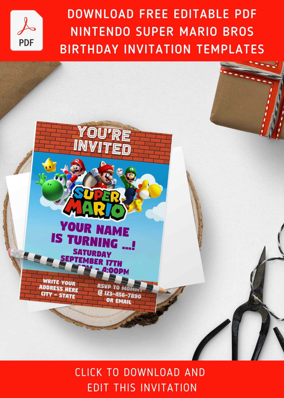 (Free Editable PDF) Super Mario Bros Sunshine Birthday Invitation Templates with Luigi