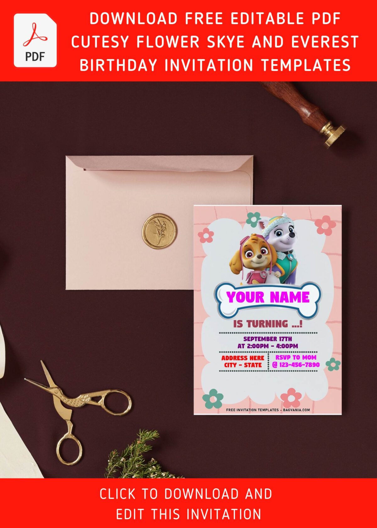 (Free Editable PDF) Quirky Cute Skye And Everest PAW Patrol Birthday Invitation Templates with editable text