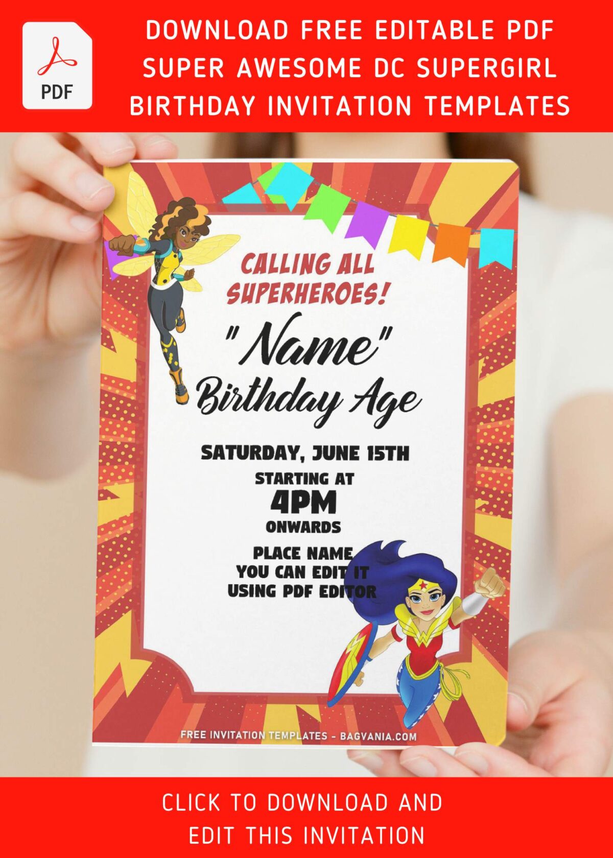 (Free Editable PDF) Super FUN-TASTIC DC Superhero Girls Birthday Invitation Templates with Tinkerbell