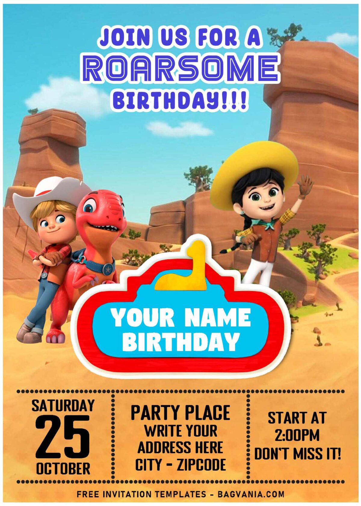 (Free Editable PDF) Meet The Rancher Dino Ranch Themed Birthday Invitation Templates with Desert Dino Ranch background