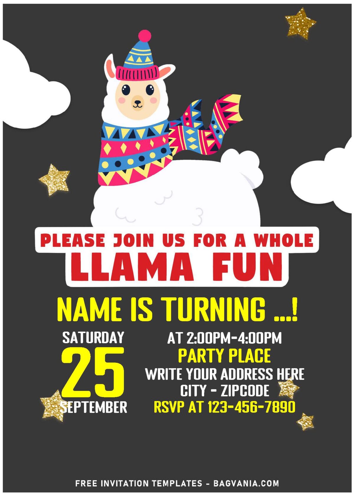 (Free Editable PDF) Super Cute Llama Party-Rama Birthday Invitation Templates with colorful scarf
