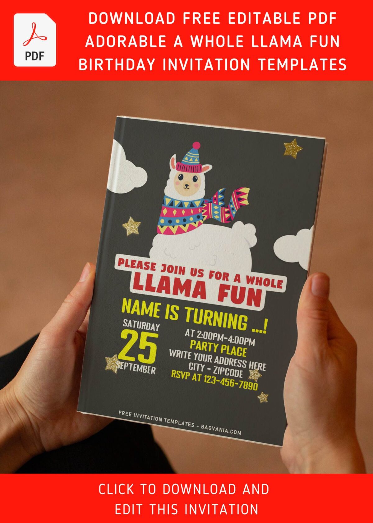 (Free Editable PDF) Super Cute Llama Party-Rama Birthday Invitation Templates with adorable Llama wearing colorful boho scarf