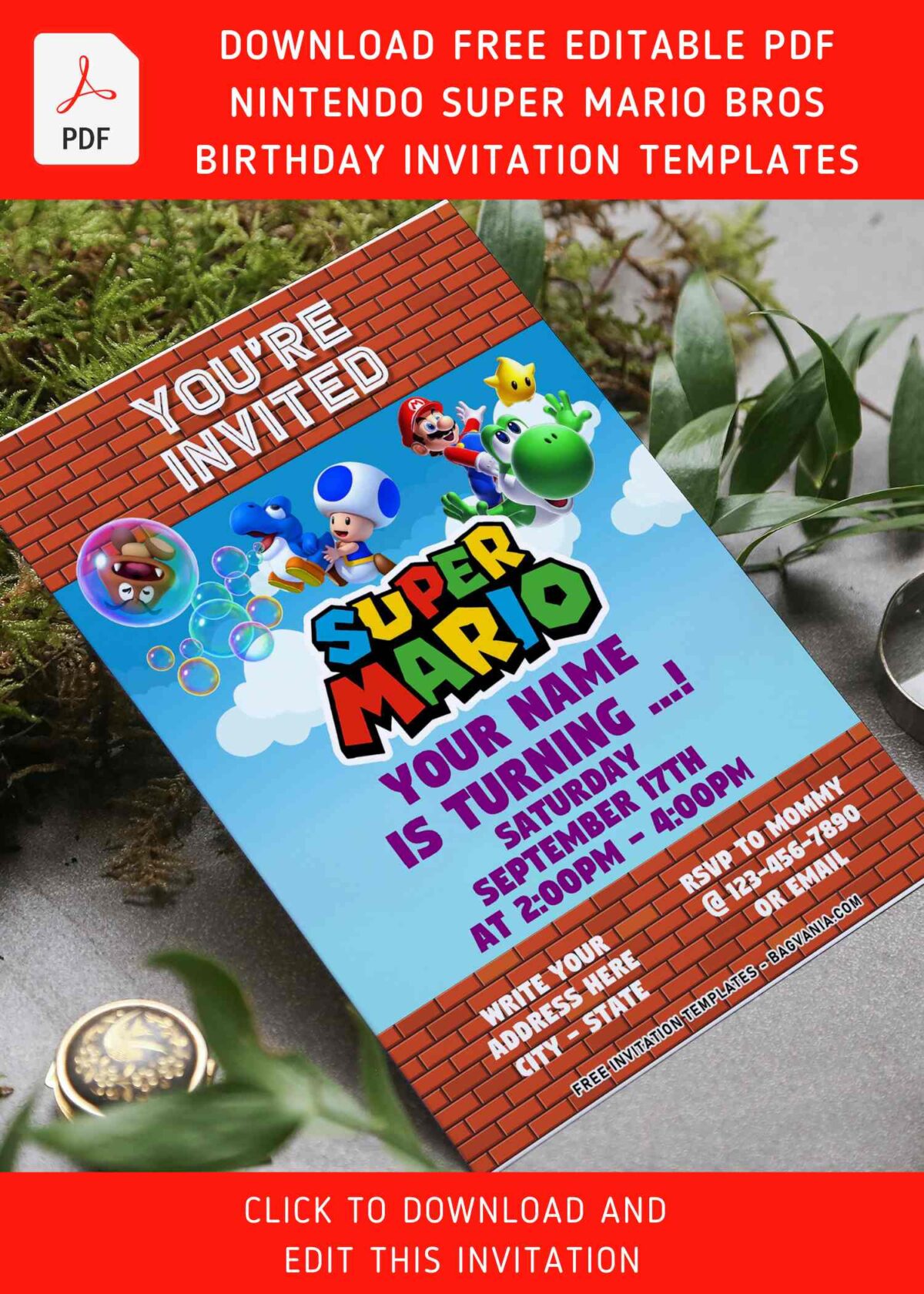 (Free Editable PDF) Super Mario Bros Sunshine Birthday Invitation Templates with Toad