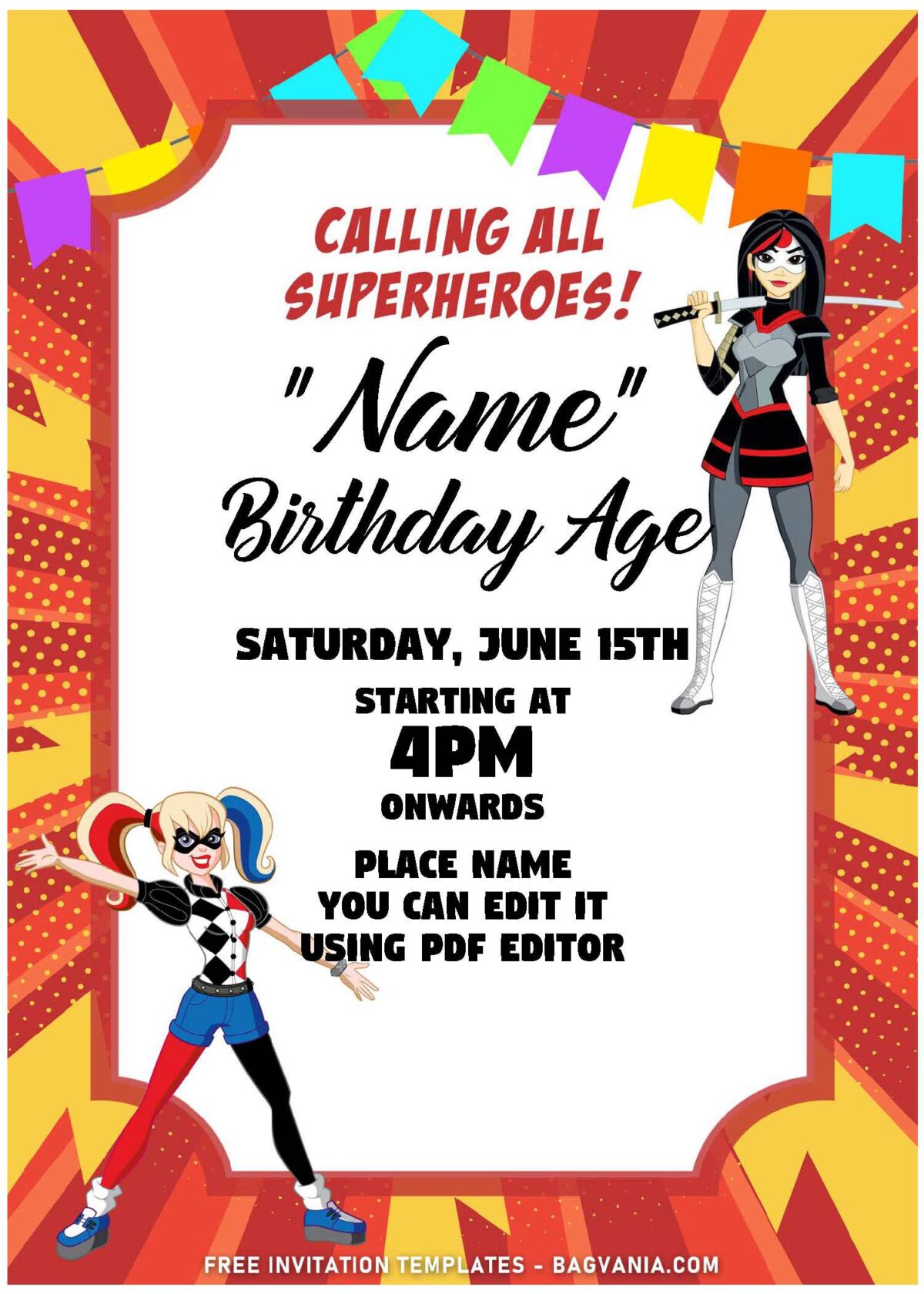 (Free Editable PDF) Super FUN-TASTIC DC Superhero Girls Birthday Invitation Templates with comic background