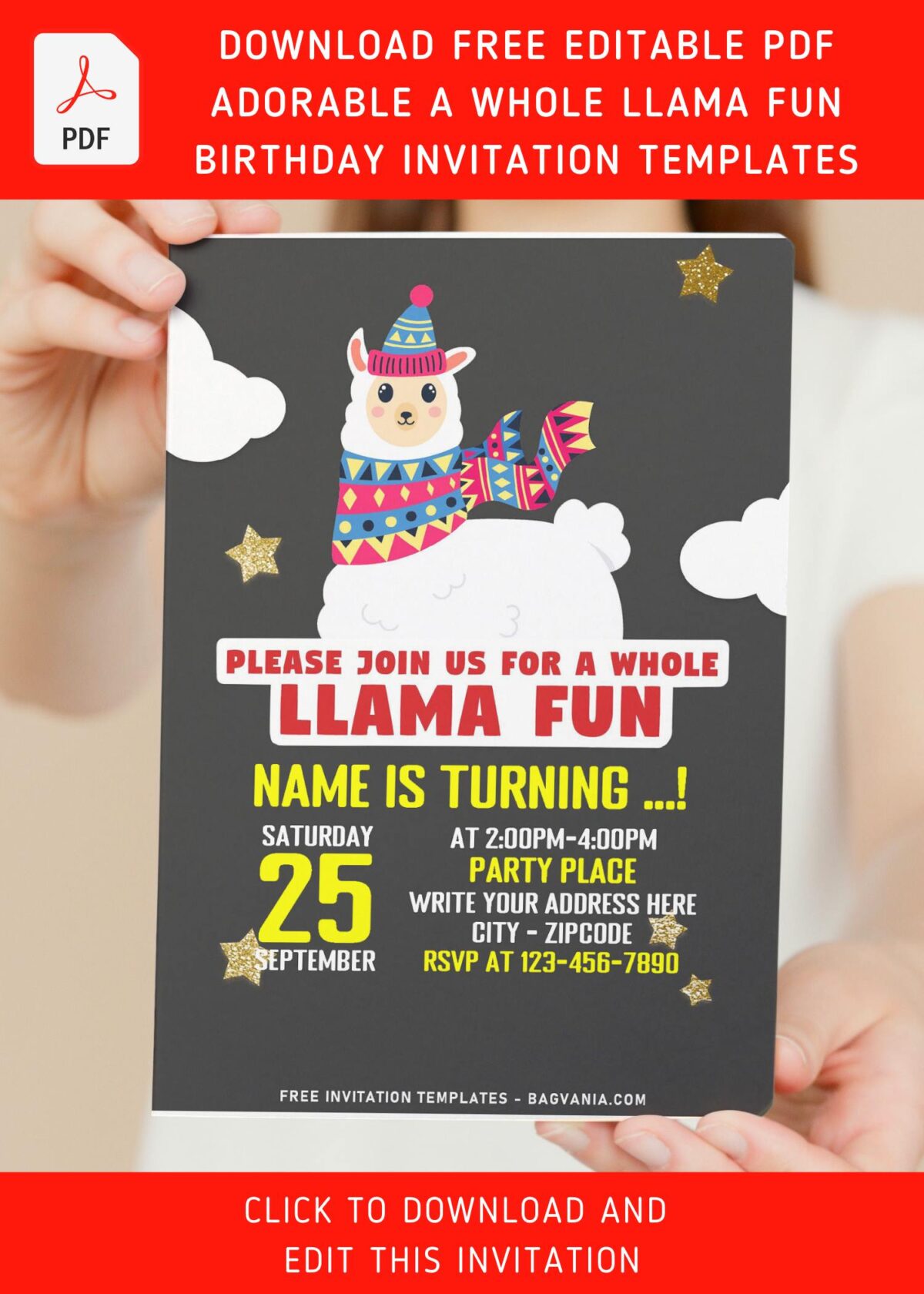 (Free Editable PDF) Super Cute Llama Party-Rama Birthday Invitation Templates with white fluffy clouds