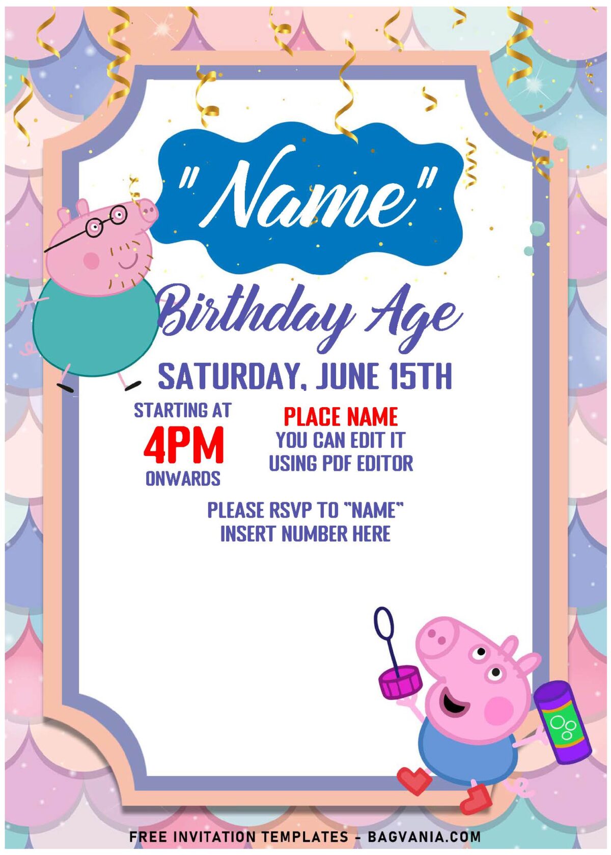 (Free Editable PDF) Peppa Pig Party Time Birthday Invitation Templates with lovely cute pink pattern