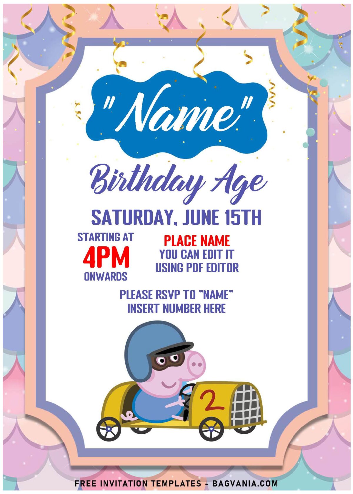 (Free Editable PDF) Peppa Pig Party Time Birthday Invitation Templates with adorable pink background