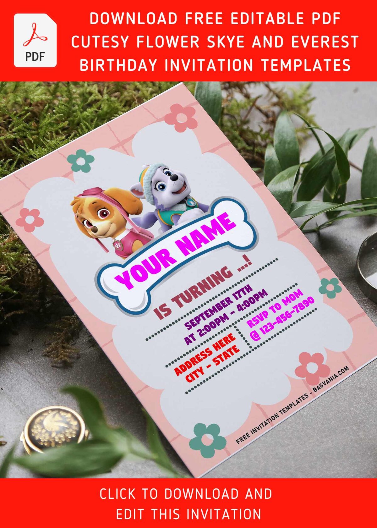 (Free Editable PDF) Quirky Cute Skye And Everest PAW Patrol Birthday Invitation Templates with adorable Skye