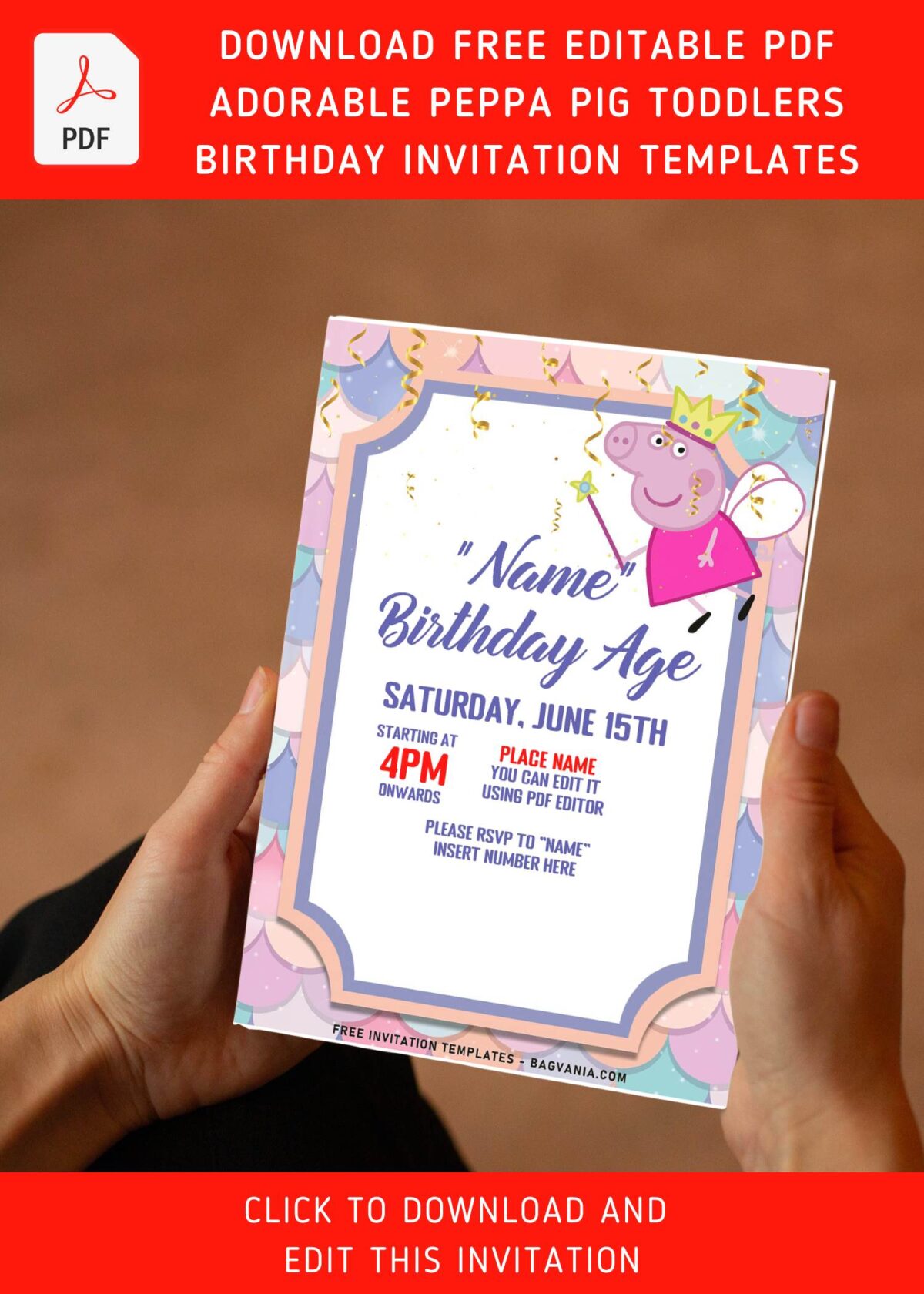 (Free Editable PDF) Peppa Pig Party Time Birthday Invitation Templates with bunting flags