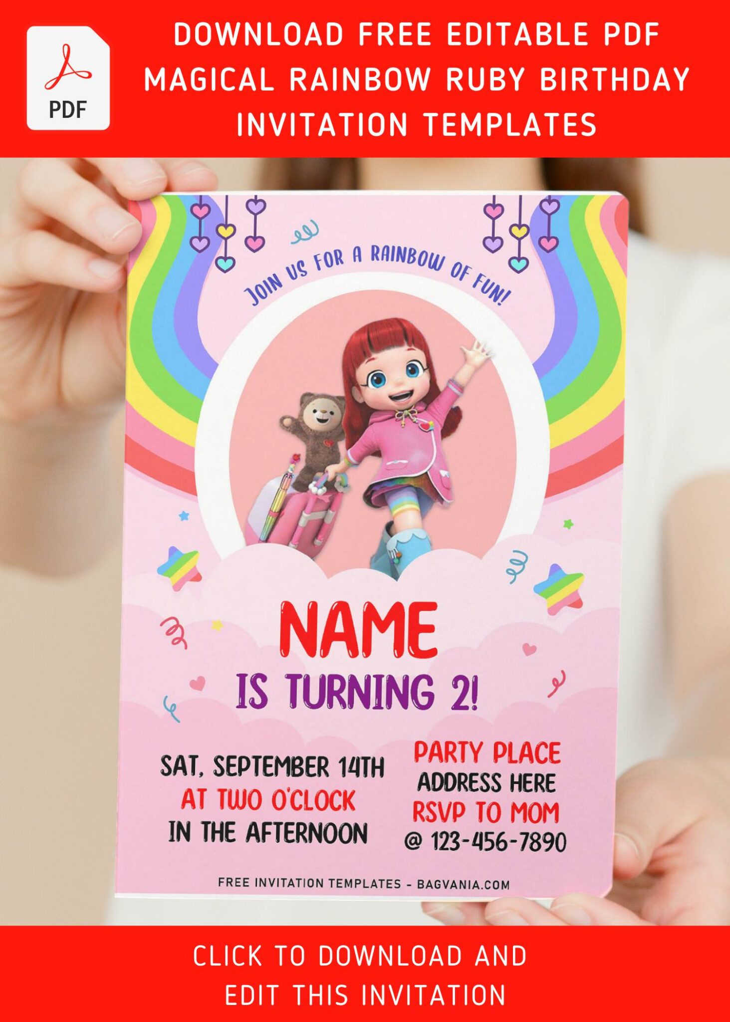 (Free Editable PDF) Magical Pastel Rainbow Ruby Birthday Invitation