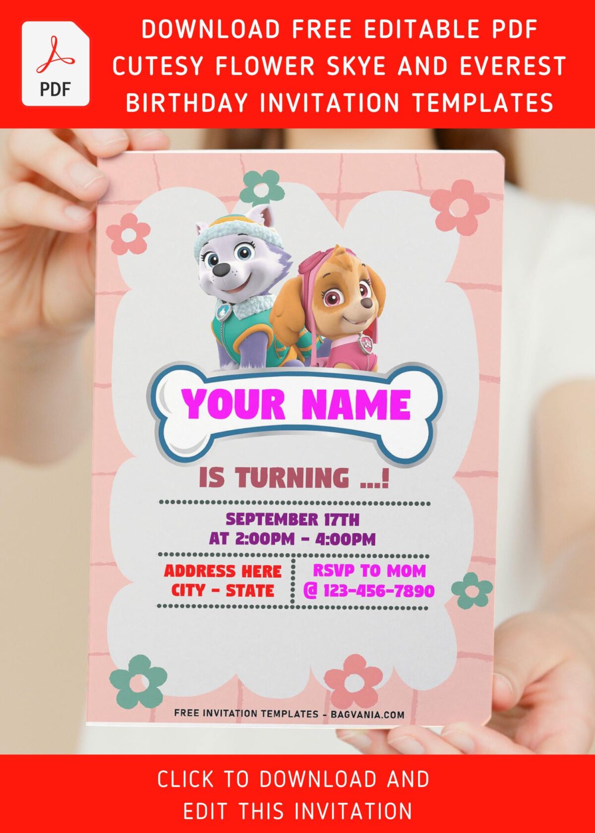 (Free Editable PDF) Quirky Cute Skye And Everest PAW Patrol Birthday Invitation Templates with pink background