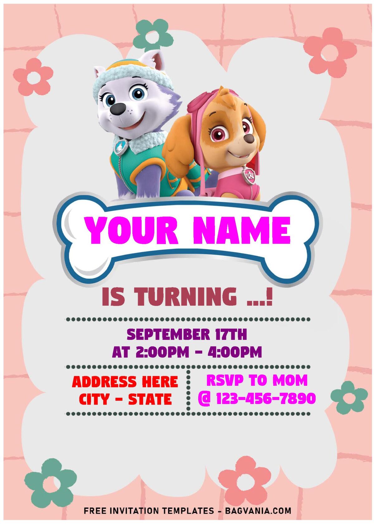 (Free Editable PDF) Quirky Cute Skye And Everest PAW Patrol Birthday Invitation Templates with hand drawn flowers