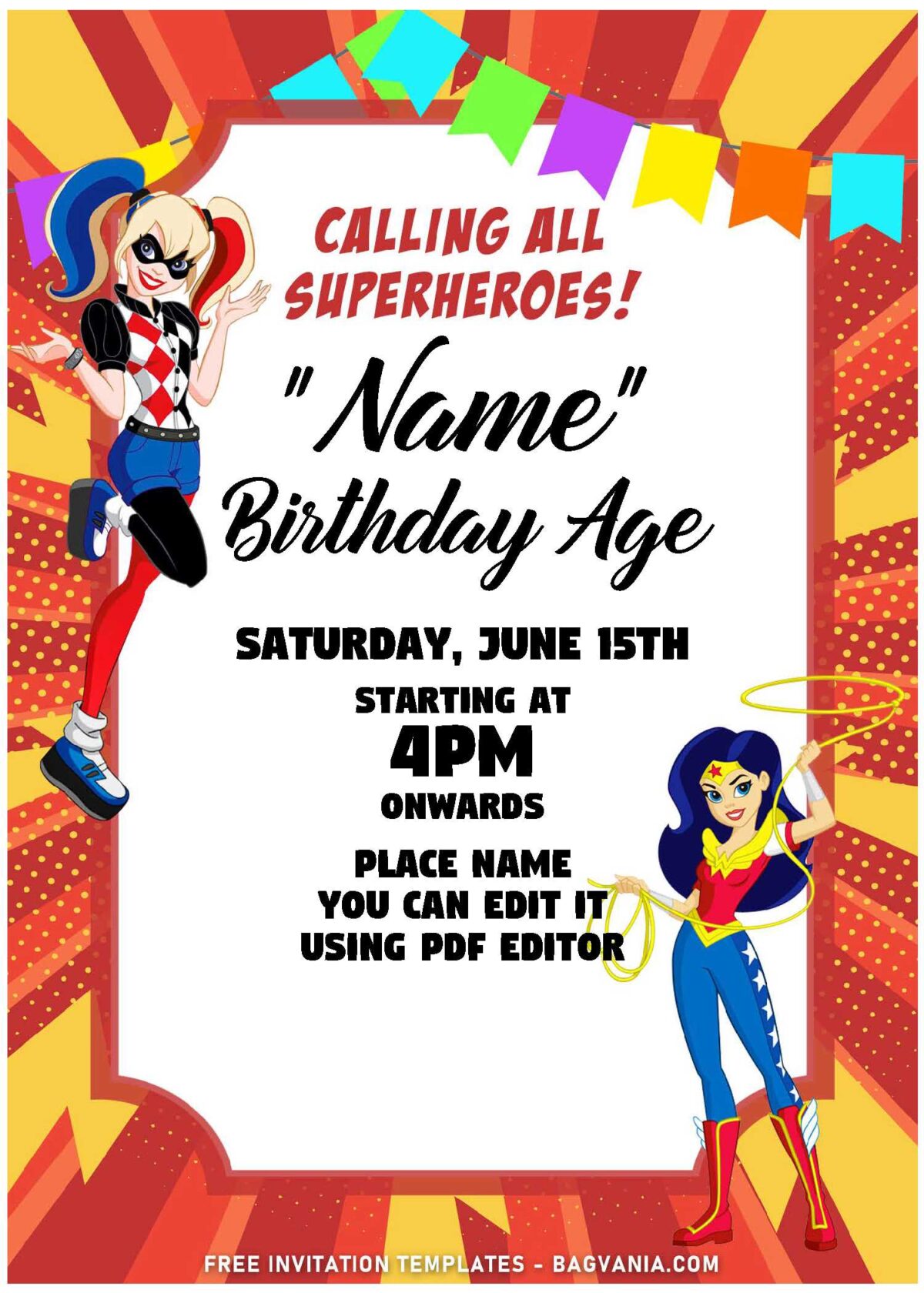 (Free Editable PDF) Super FUN-TASTIC DC Superhero Girls Birthday Invitation Templates with Harley Quinn