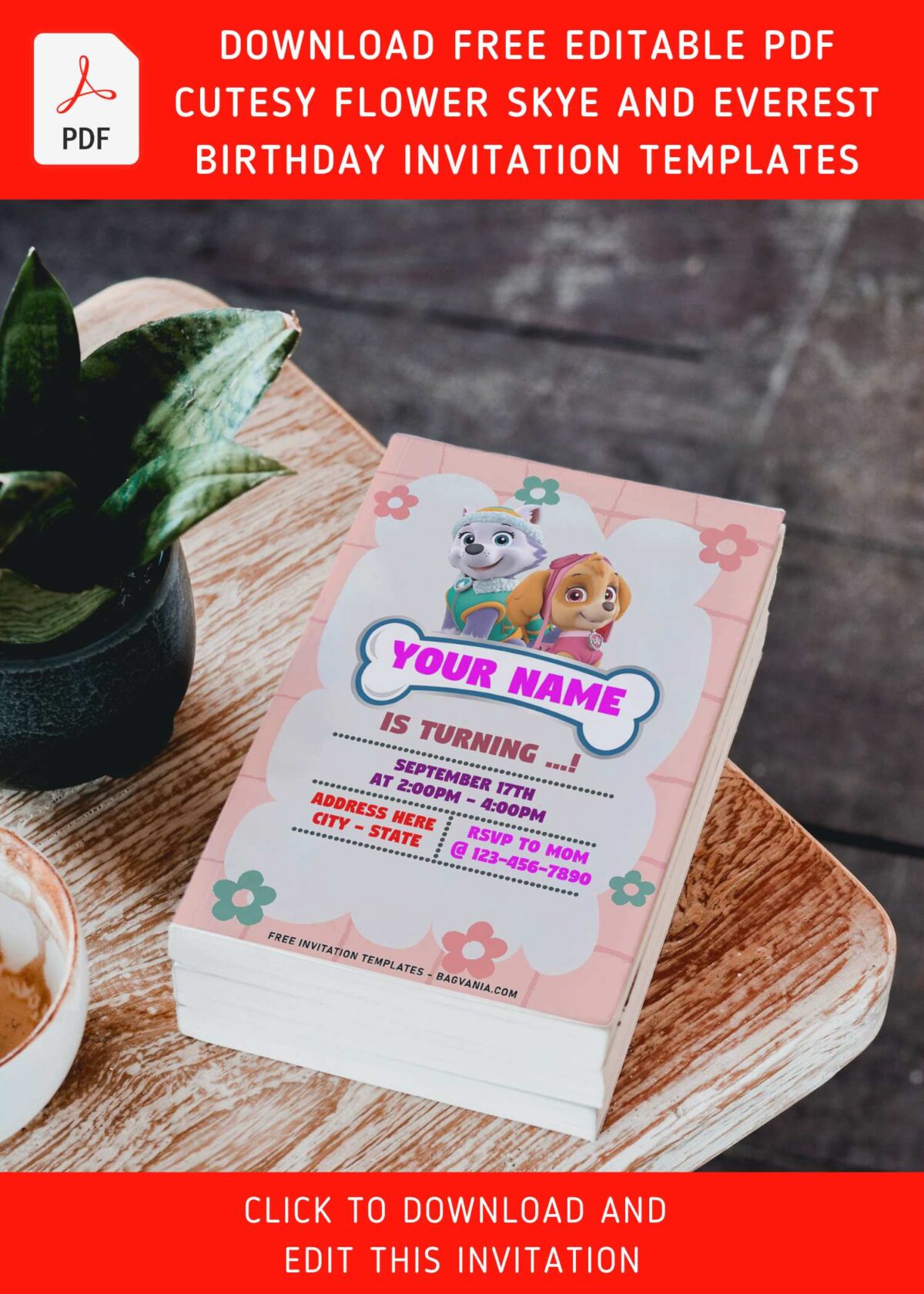 (Free Editable PDF) Quirky Cute Skye And Everest PAW Patrol Birthday Invitation Templates with cute flowers