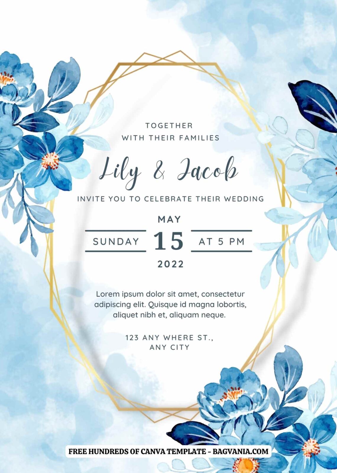 (Free) 9+ Blue Floral Bouquet Arrangement Canva Wedding Invitation ...