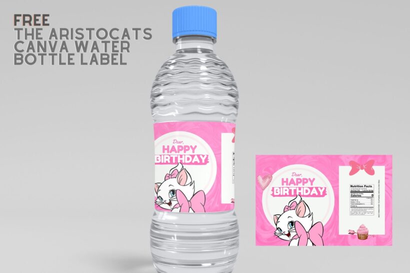 (Free) Aristocats Canva Birthday Water Bottle Labels