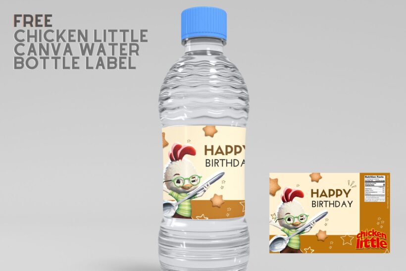 (Free) Chicken Little Canva Birthday Water Bottle Labels
