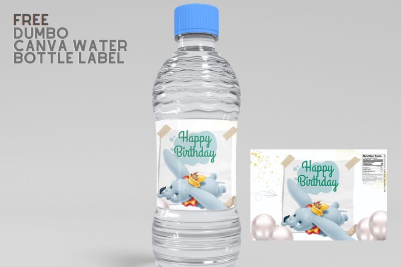 (Free) Dumbo Canva Birthday Water Bottle Labels