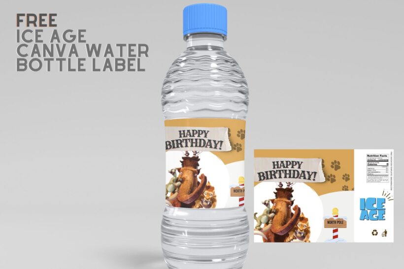(Free) Ice Age Canva Birthday Water Bottle Labels