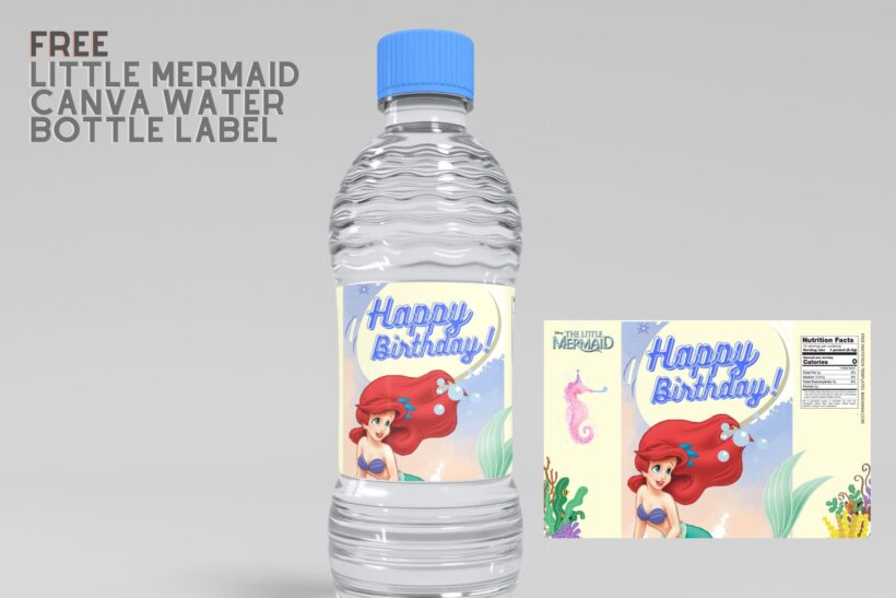 (Free) Little Mermaid Canva Birthday Water Bottle Labels