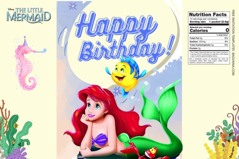(Free) Little Mermaid Canva Birthday Water Bottle Labels FIve