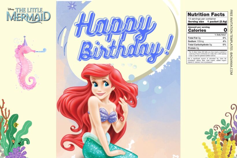 (Free) Little Mermaid Canva Birthday Water Bottle Labels Three