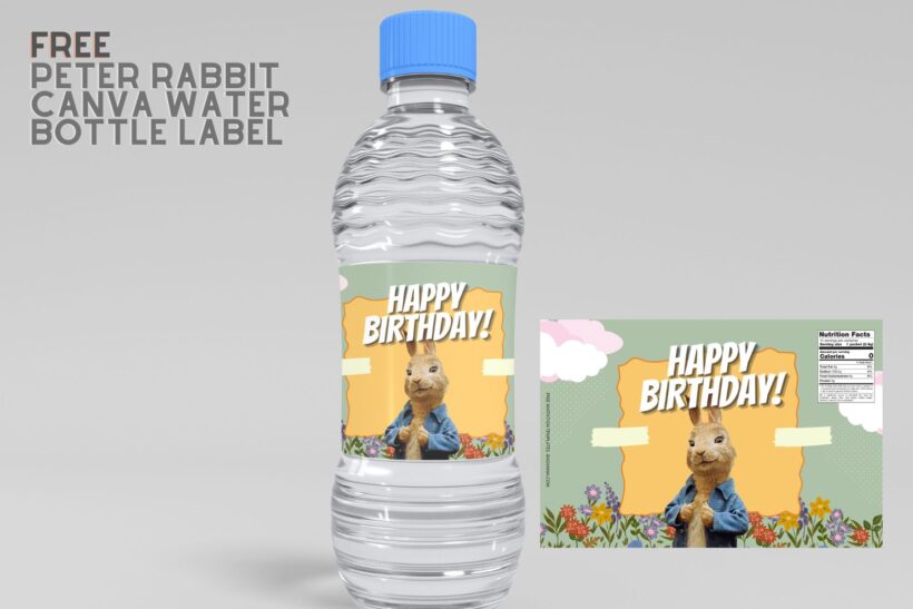(Free) Peter Rabbit Canva Birthday Water Bottle Labels
