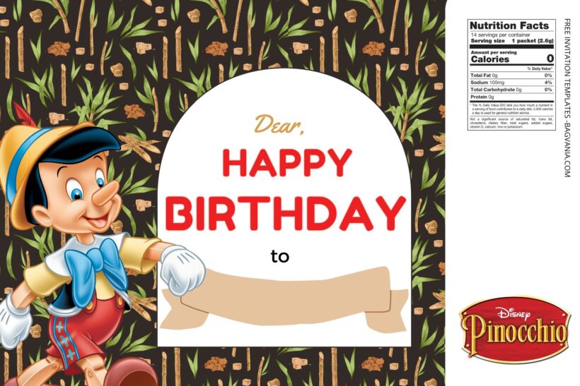 (Free) Pinocchio Canva Birthday Water Bottle Labels Four
