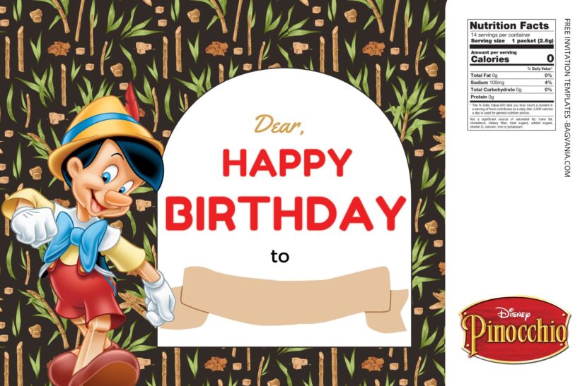 (Free) Pinocchio Canva Birthday Water Bottle Labels Two