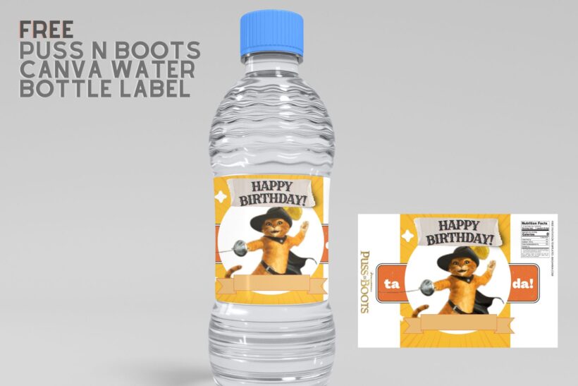 (Free) Puss In Boots Canva Birthday Water Bottle Labels