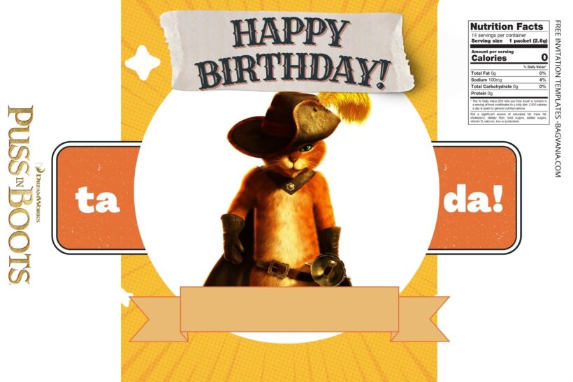 (Free) Puss In Boots Canva Birthday Water Bottle Labels Six