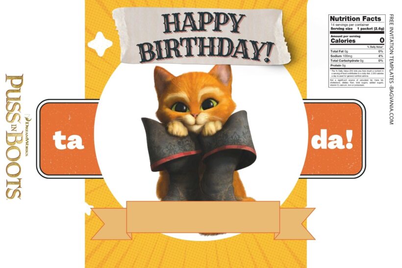 (Free) Puss In Boots Canva Birthday Water Bottle Labels Three