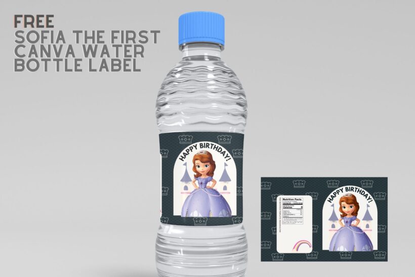 (Free) Sofia The First Canva Birthday Water Bottle Labels