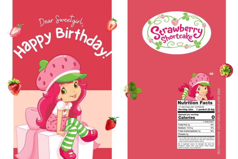 (Free) Strawberry Shortcake Canva Birthday Water Bottle Labels Five