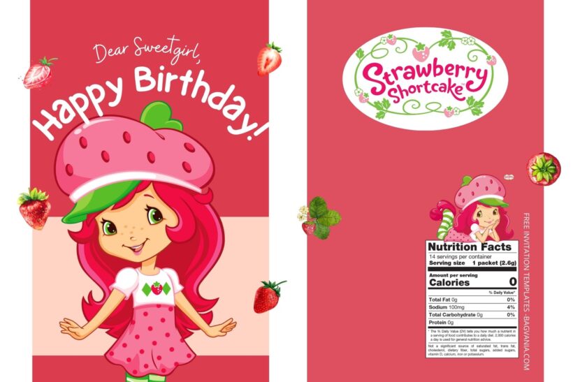 (Free) Strawberry Shortcake Canva Birthday Water Bottle Labels Four