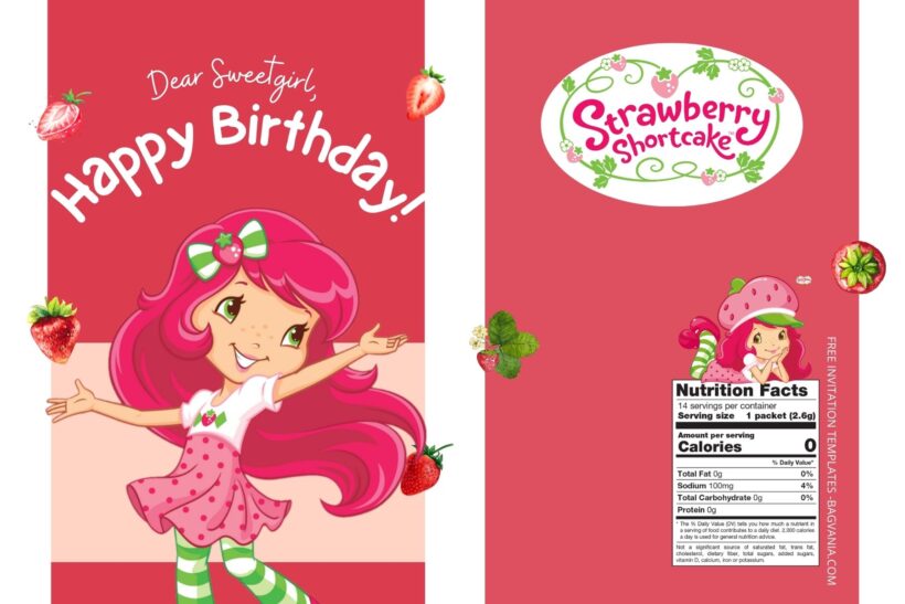 (Free) Strawberry Shortcake Canva Birthday Water Bottle Labels Six