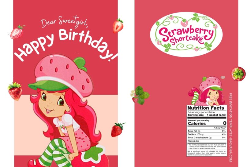 (Free) Strawberry Shortcake Canva Birthday Water Bottle Labels Three