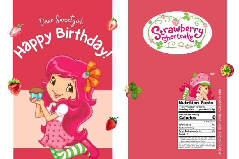 (Free) Strawberry Shortcake Canva Birthday Water Bottle Labels Two