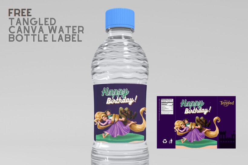 (Free) Tangled Canva Birthday Water Bottle Labels