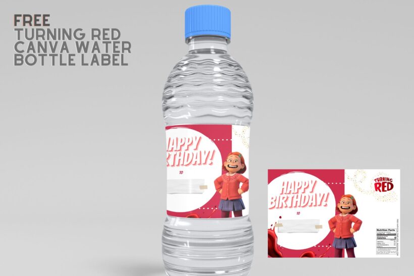 (Free) Turning Red Canva Birthday Water Bottle Labels