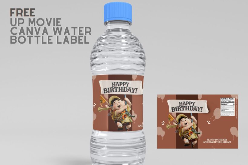 (Free) Up Movie Canva Birthday Water Bottle Labels