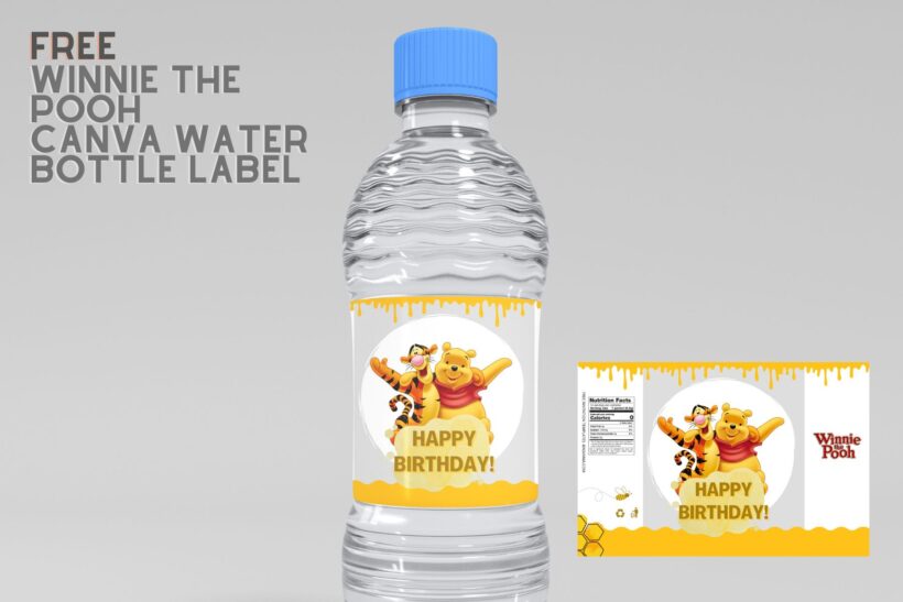 (Free) Winnie The Pooh Canva Birthday Water Bottle Labels