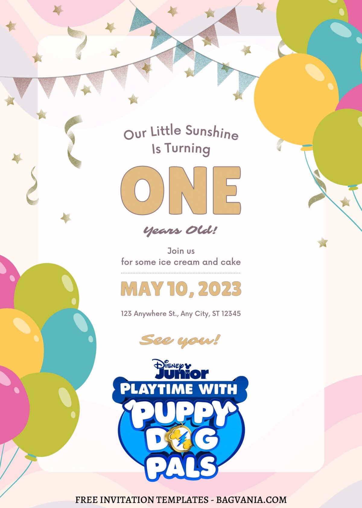 10+ Cute Little Puppy Sunshine Canva Birthday Invitation Templates with colorful confetti