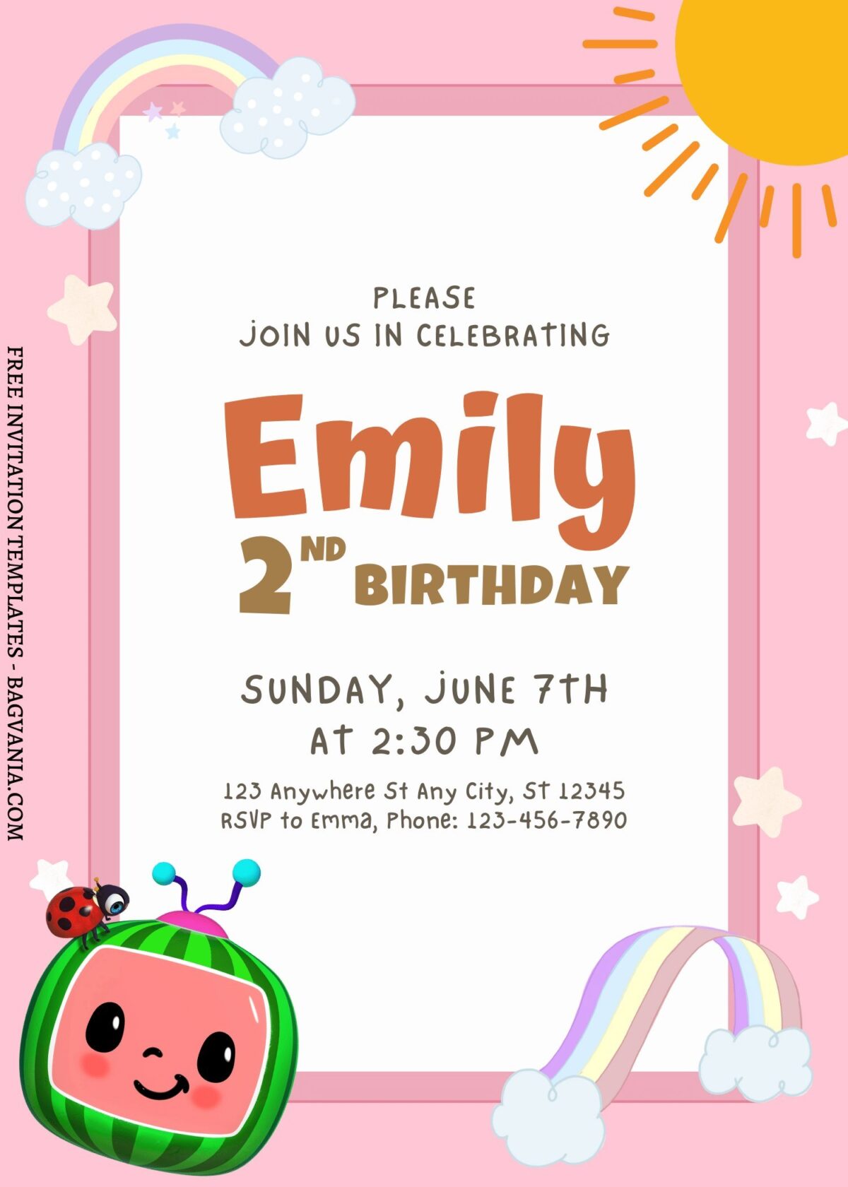 FREE EDITABLE - 11+ Playful Cocomelon Canva Birthday Invitation Templates with cute pink background