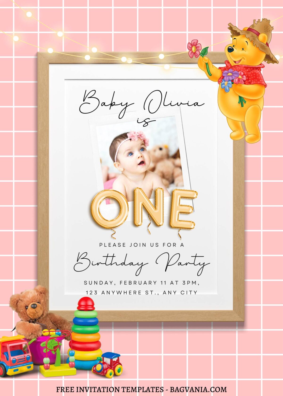 8+ Picnic Time Winnie The Pooh Canva Birthday Invitation Templates   with teddy bear
