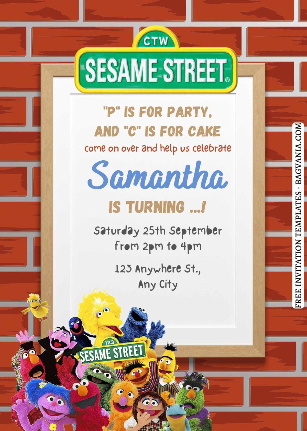 9+ Party & Cake Sesame Street Canva Birthday Invitation Templates  with Wooden Frame text box