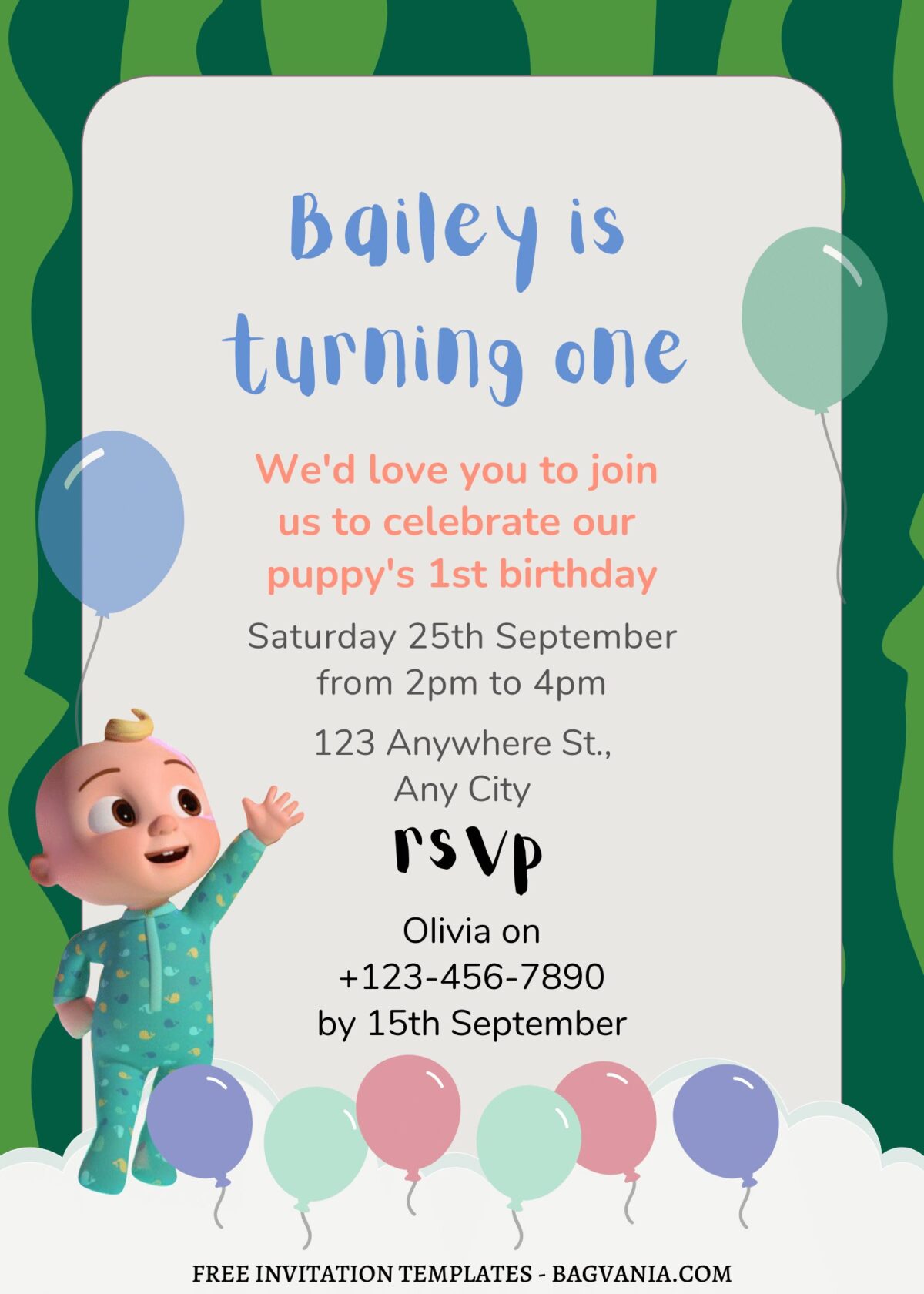 9+ Pastel Rainbow Cocomelon Canva Birthday Invitation Templates with colorful balloons