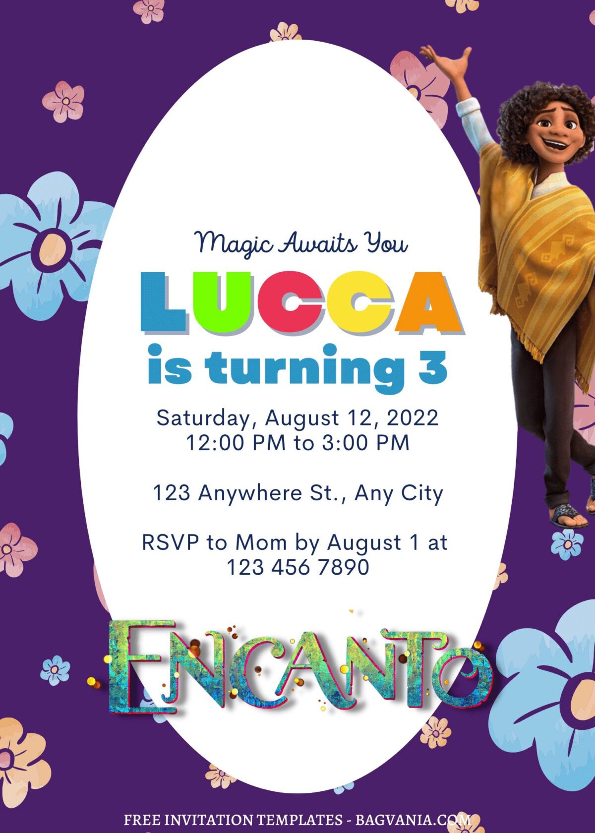 7+ Lovely Mirabel Madrigal And Friends Encanto Canva Birthday Invitation Templates with colorful flowers